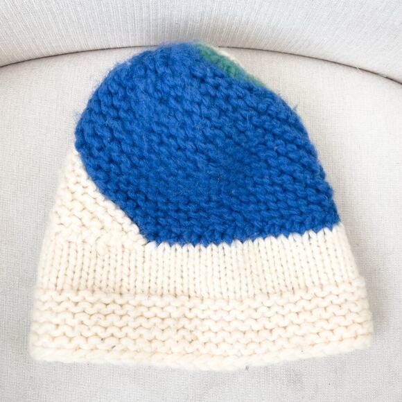 Bogner Beanie Hat Chunky Knit Retro Vintage Ivory Blue Green Germany Ski Winter - Picture 2 of 3